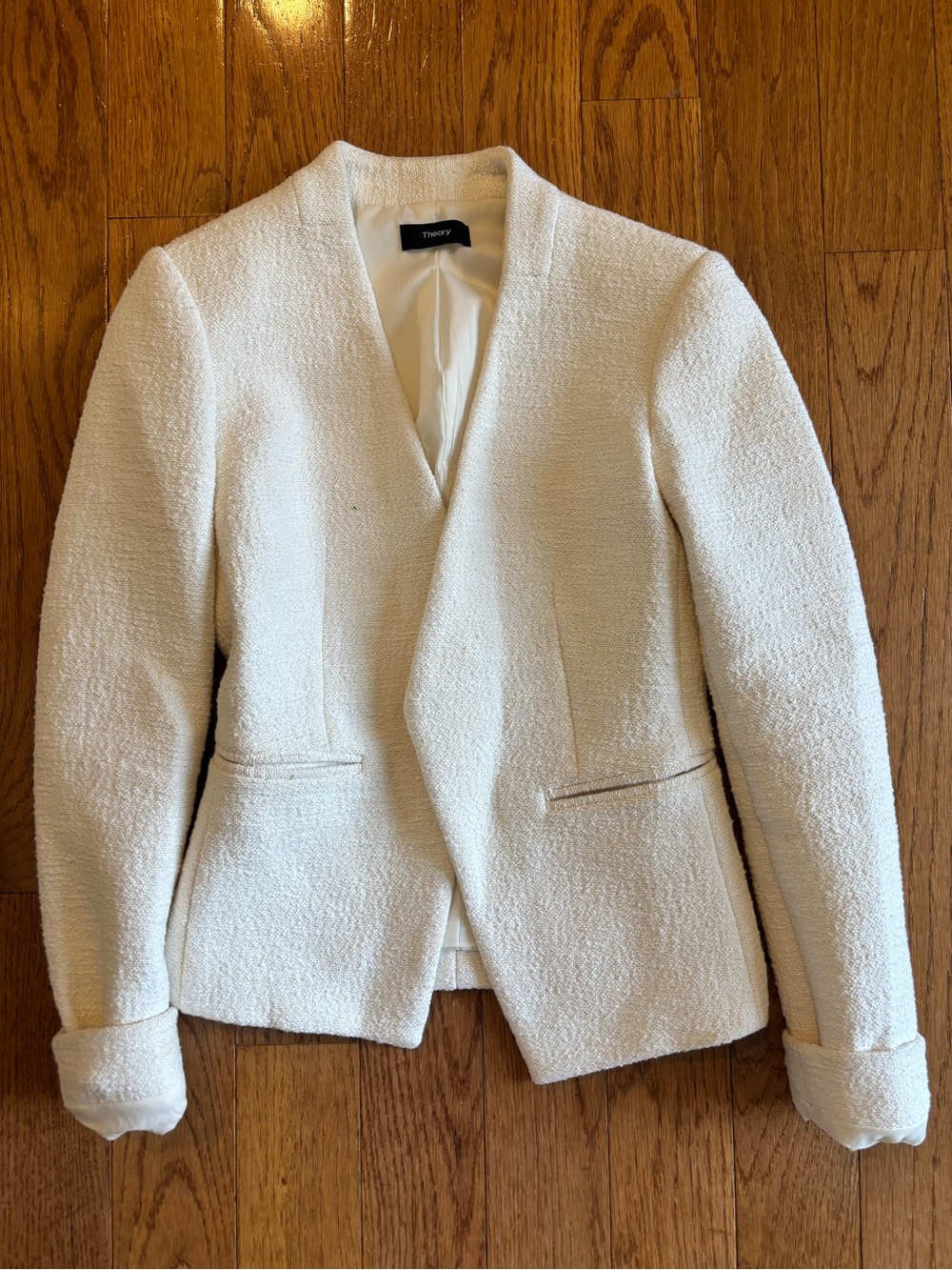 Theory Cream Textured Open V-Neck Blazer